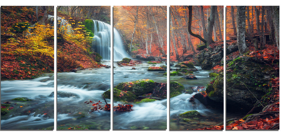 "Autumn Mountain Waterfall Long View" Landscape Photo Wall Art, 5 Panel, 60"x28"