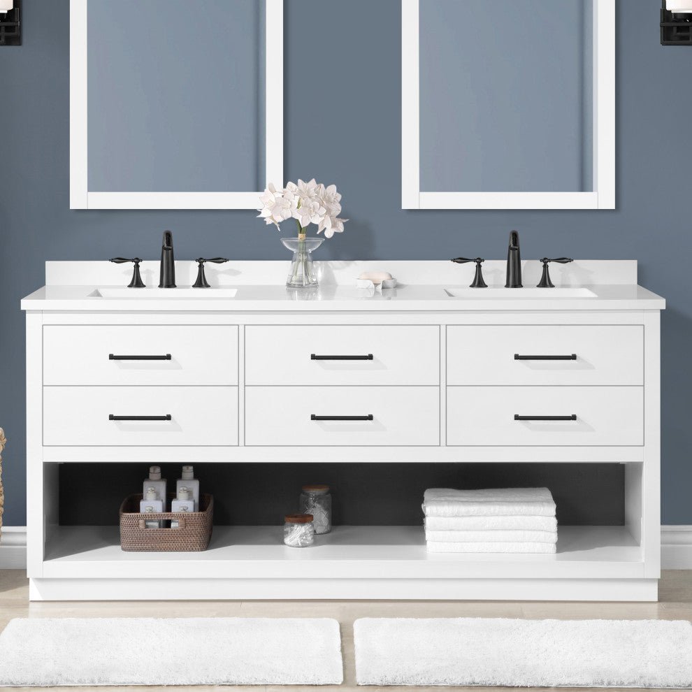 Ove Decors Rider 72" Double Sink Bathroom Vanity, White With Black Hardware