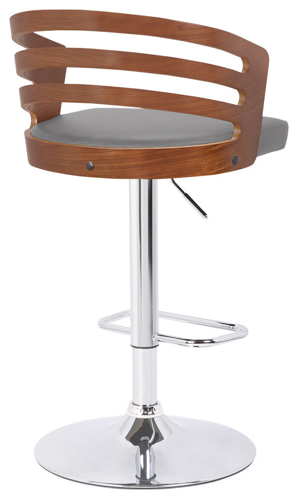 Gray Faux Leather Walnut Wood and Chrome Adjustable Swivel Bar Stool