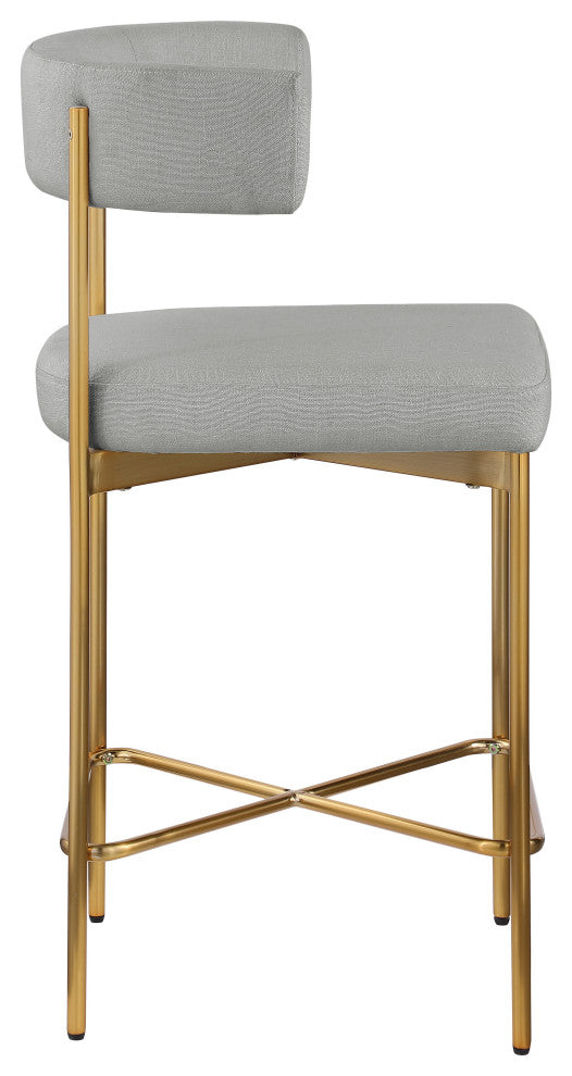 Rivage Durable Linen Textured Fabric Stool (Set of 2), Grey, Brushed Gold