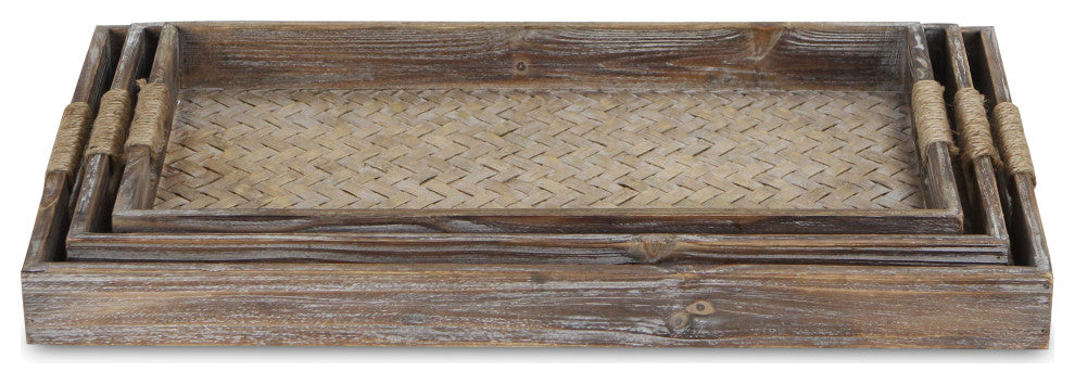 3-Piece Brown Wooden Trays With Center Bamboo Pattern And Rope Handles