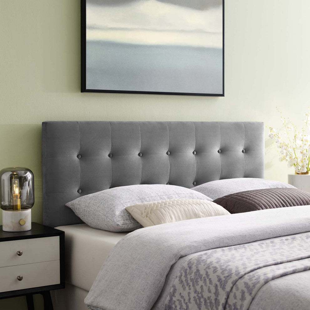 Contemporary Modern King Size Tufted Headboard, Velvet Fabric, Grey Gray