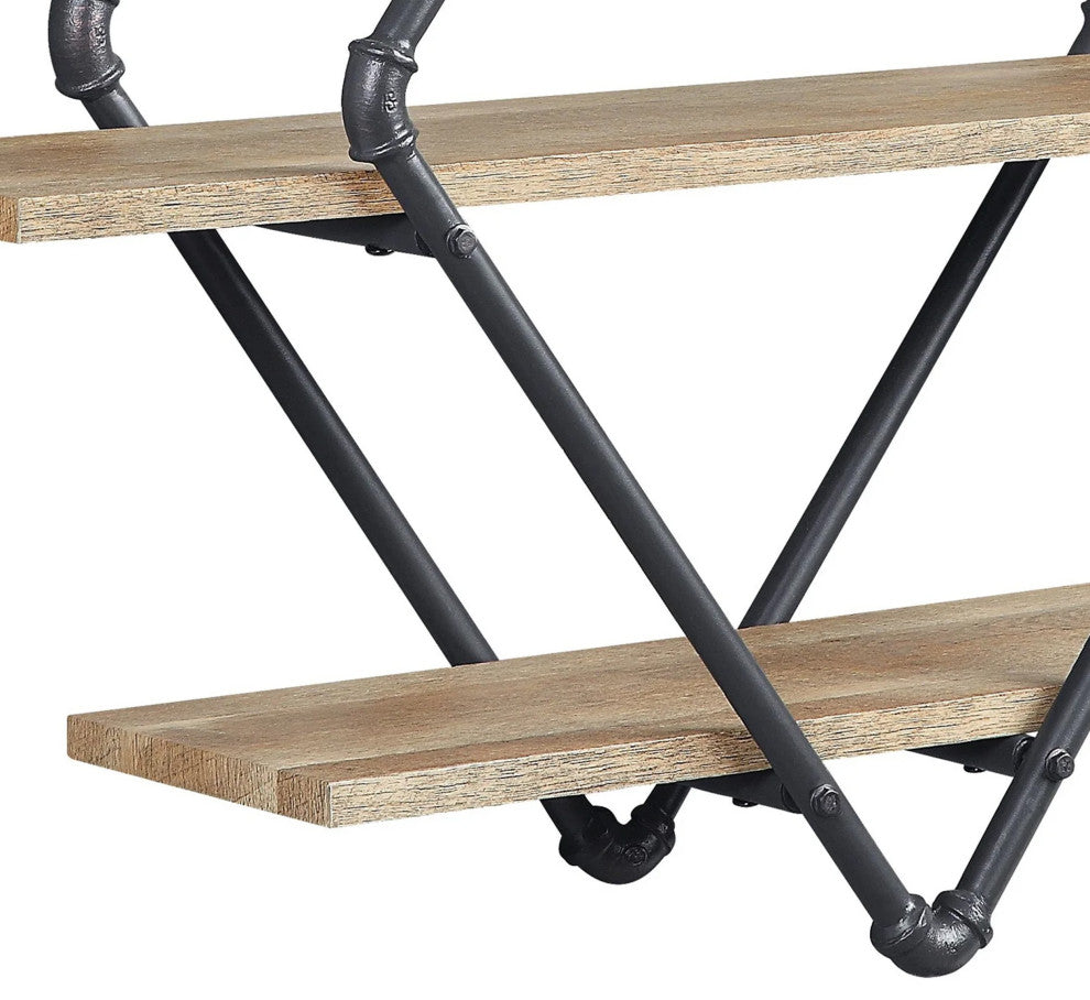 Benzara BM274645 Wall Mount Rack With 3 Tier, Diamond Pipe Frame, Brown/Black