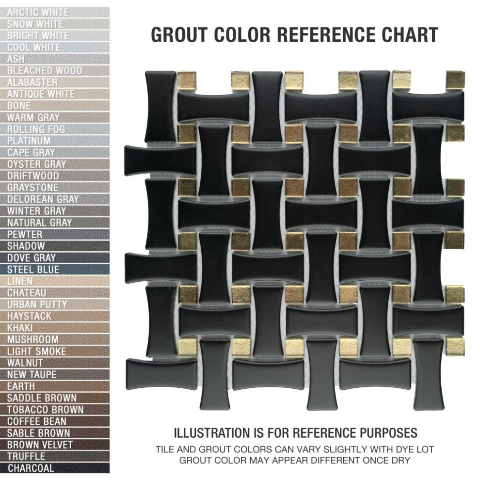 Metro Dog Bone Basketweave Matte Black w/Glass Gold Dot Porcelain Wall Tile