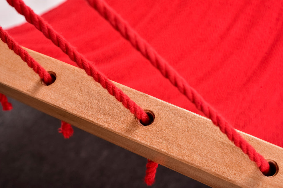 Classic Red Cotton Hammock, Wooden Bar