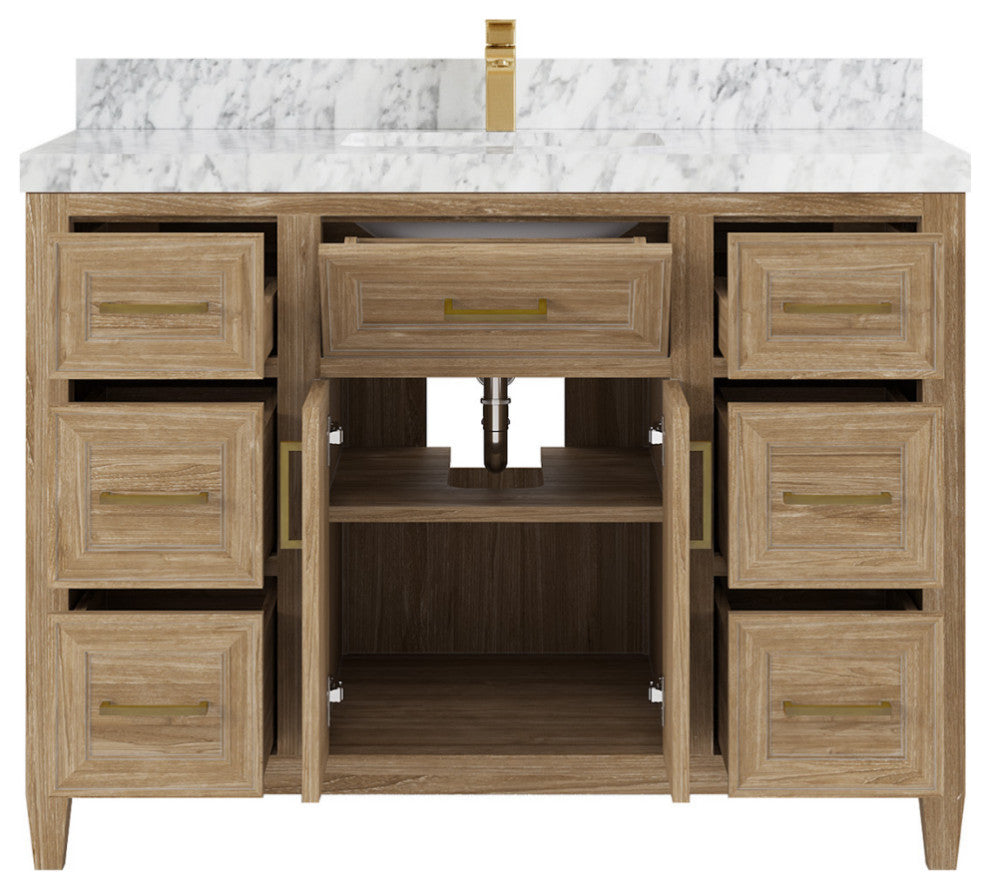 Santa Monica 48 Single Sink Bath Vanity in Whitewashed Teak 2" Carrara Marble