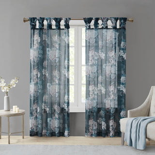 Madison Park Simone Printed Floral Twist Tab Top Voile Sheer Curtain, Navy