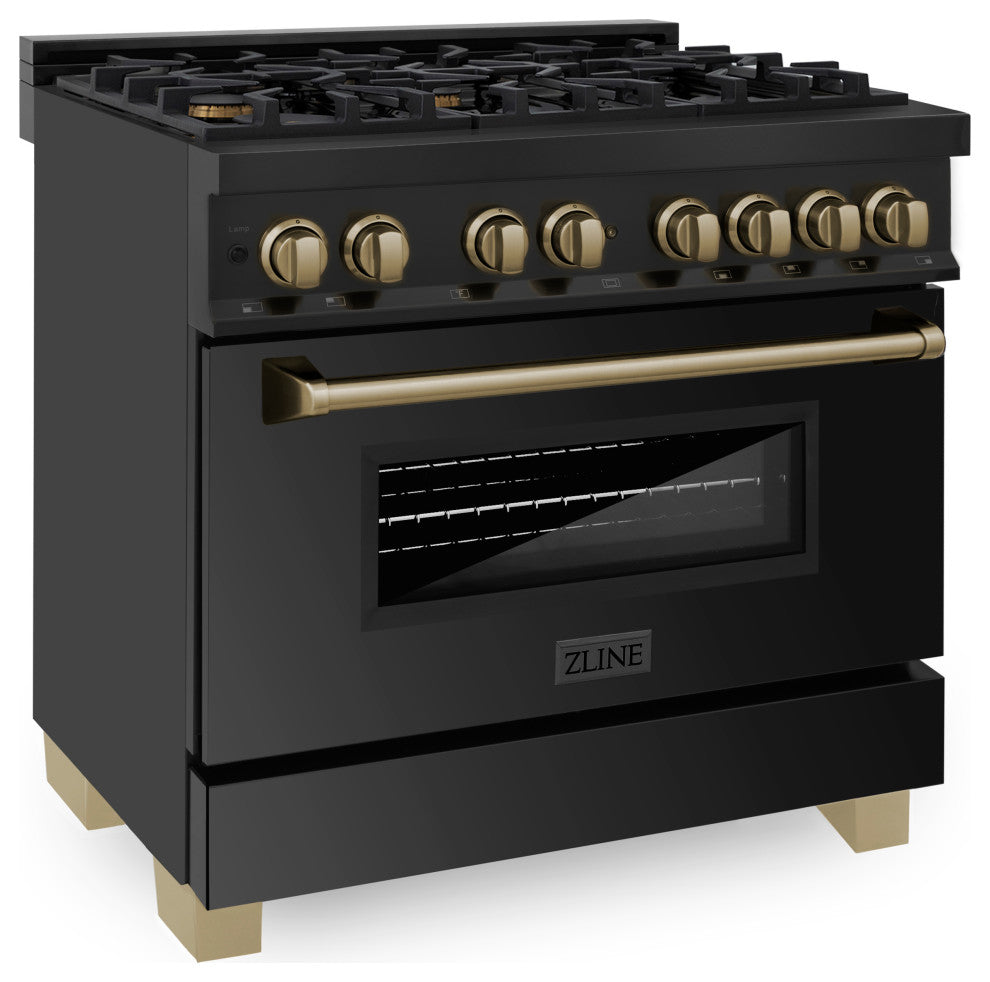ZLINE 36" Dual Fuel Range, Black Stainless With Champagne Bronze RABZ-36-CB