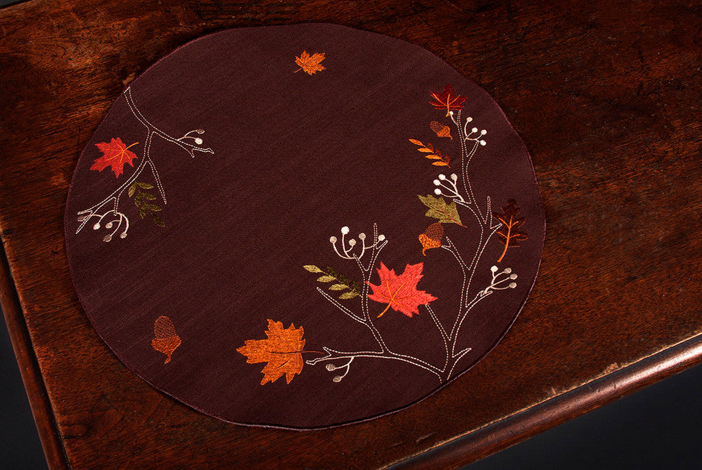 Autumn Branches Embroidered Fall Round Placemats, Coffee, 16" Round, Set of 4