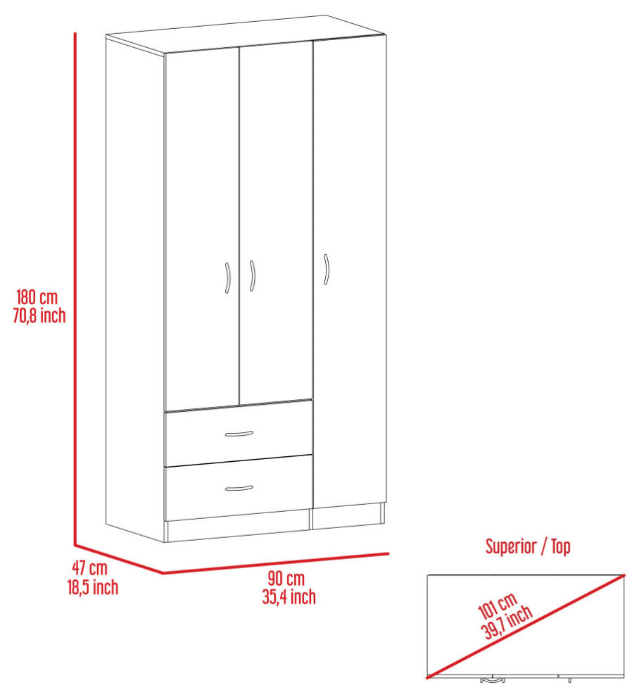 Eureka 3 Door Armoire with 2 Drawers, Inner Shelves, and Rod, Light Oak