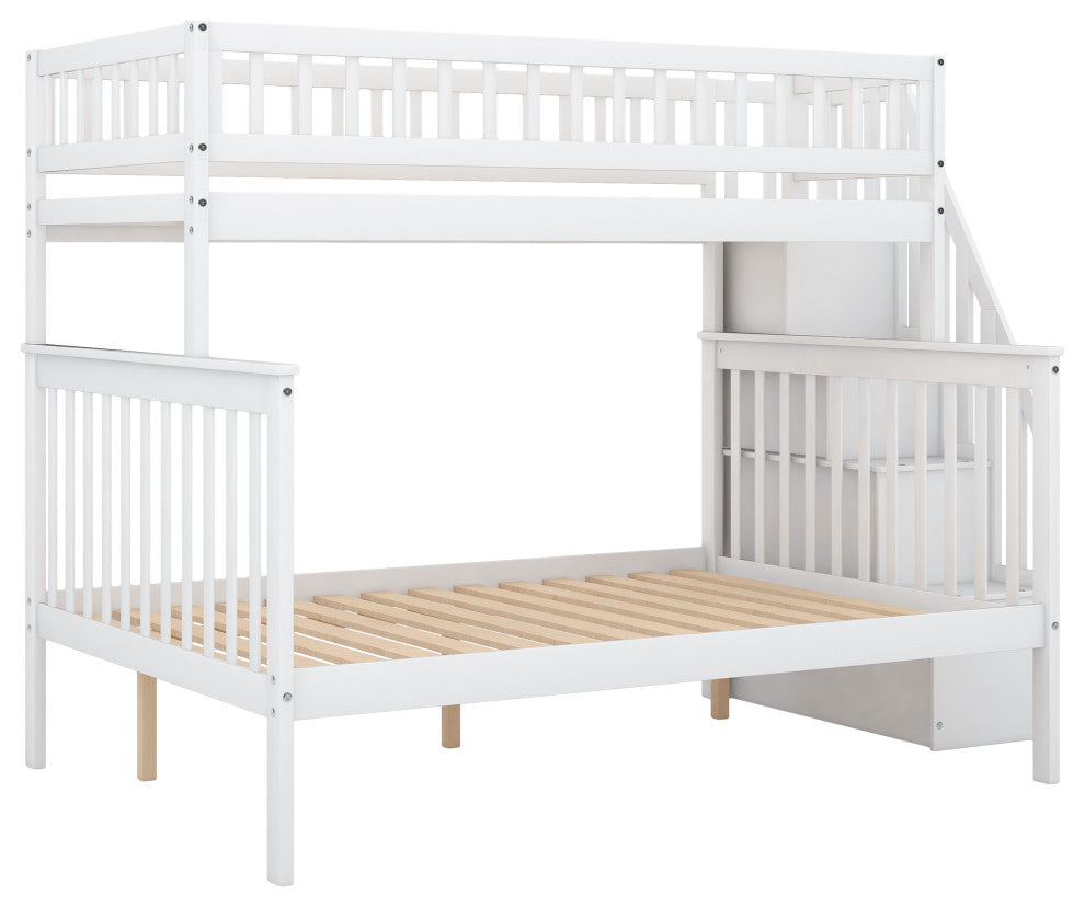Gewnee Wood Twin Over Full  Bunk Bed with Storage Stairway in White