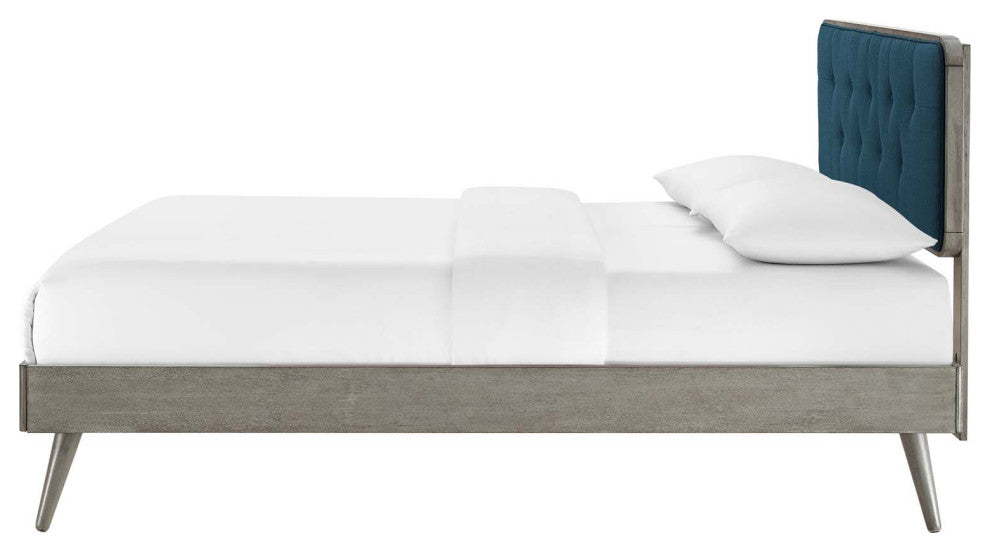 Platform Bed Frame, Twin Size, Wood, Grey Gray Navy Blue, Modern Contemporary