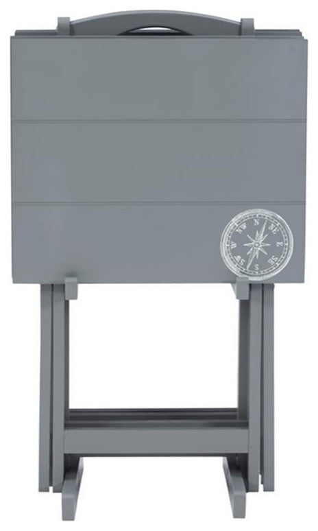 Linon Lorie 5 Piece Tray Table Set Planked Top with Compass Design in Gray Wood