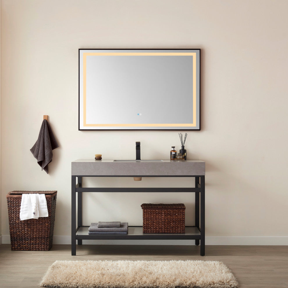 Horizontal Rectangular LED Wall Mount Bathroom Mirror, Black, 48"