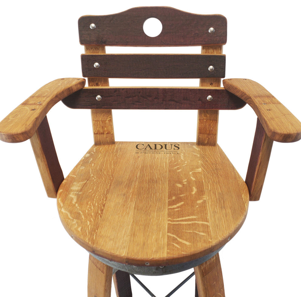 Swivel Top Wine Barrel Bar Stool With Stave Backrest, 26" Sit Height, Regular Leg Style
