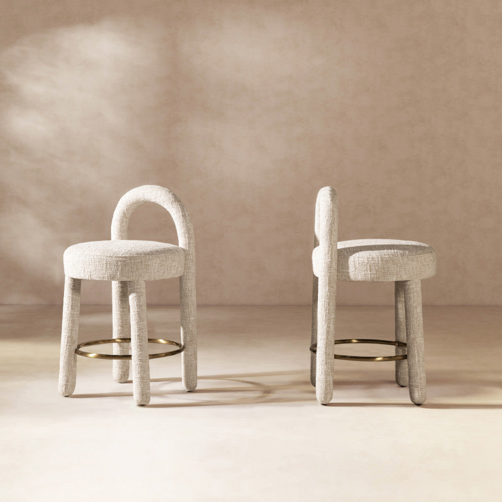 Penny 26.5" Round Arched Upholstered Counter Stool, Set of 2, Travertine Beige