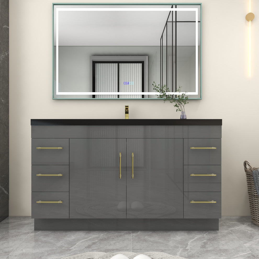 Rosa 60" Free Standing Modern Vanity, High Gloss Gray, Matt Black Top