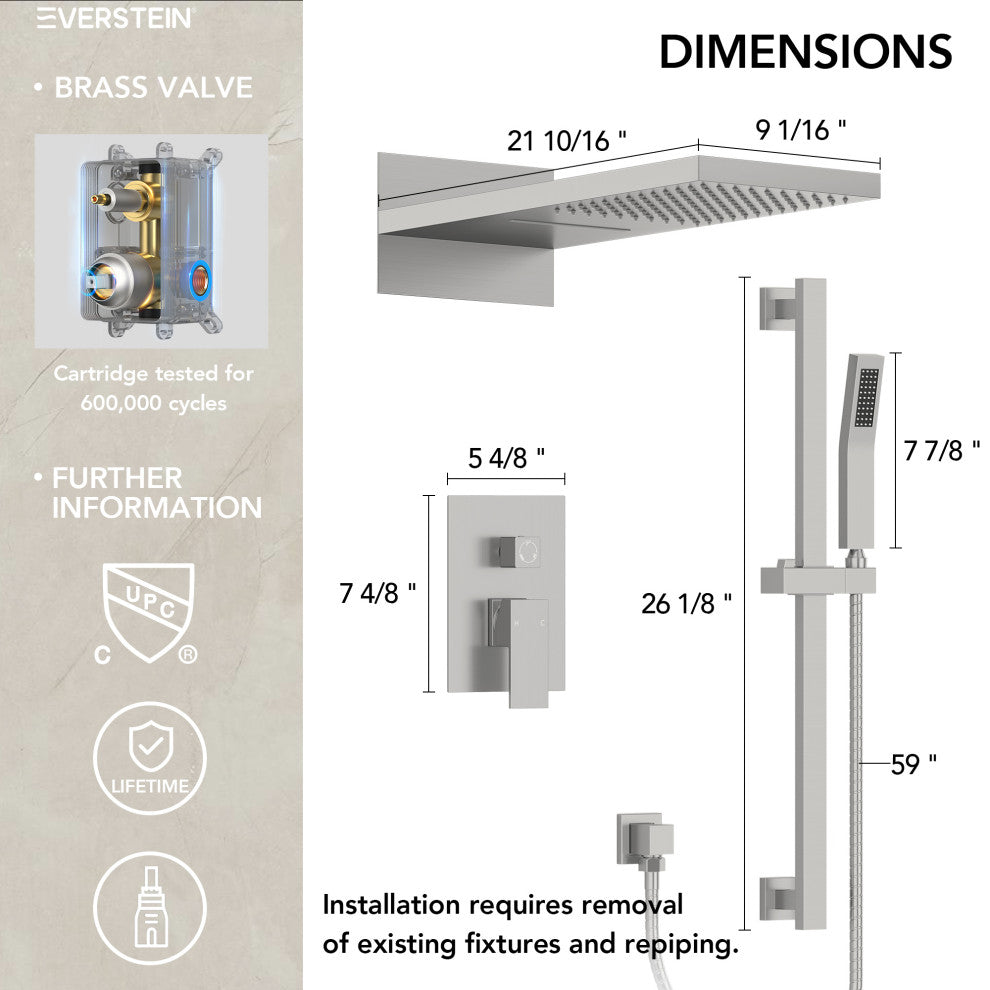 Dual-Function Waterfall & Rainfall Shower Faucet Set With Rough-In Valve, Brushed Nickel