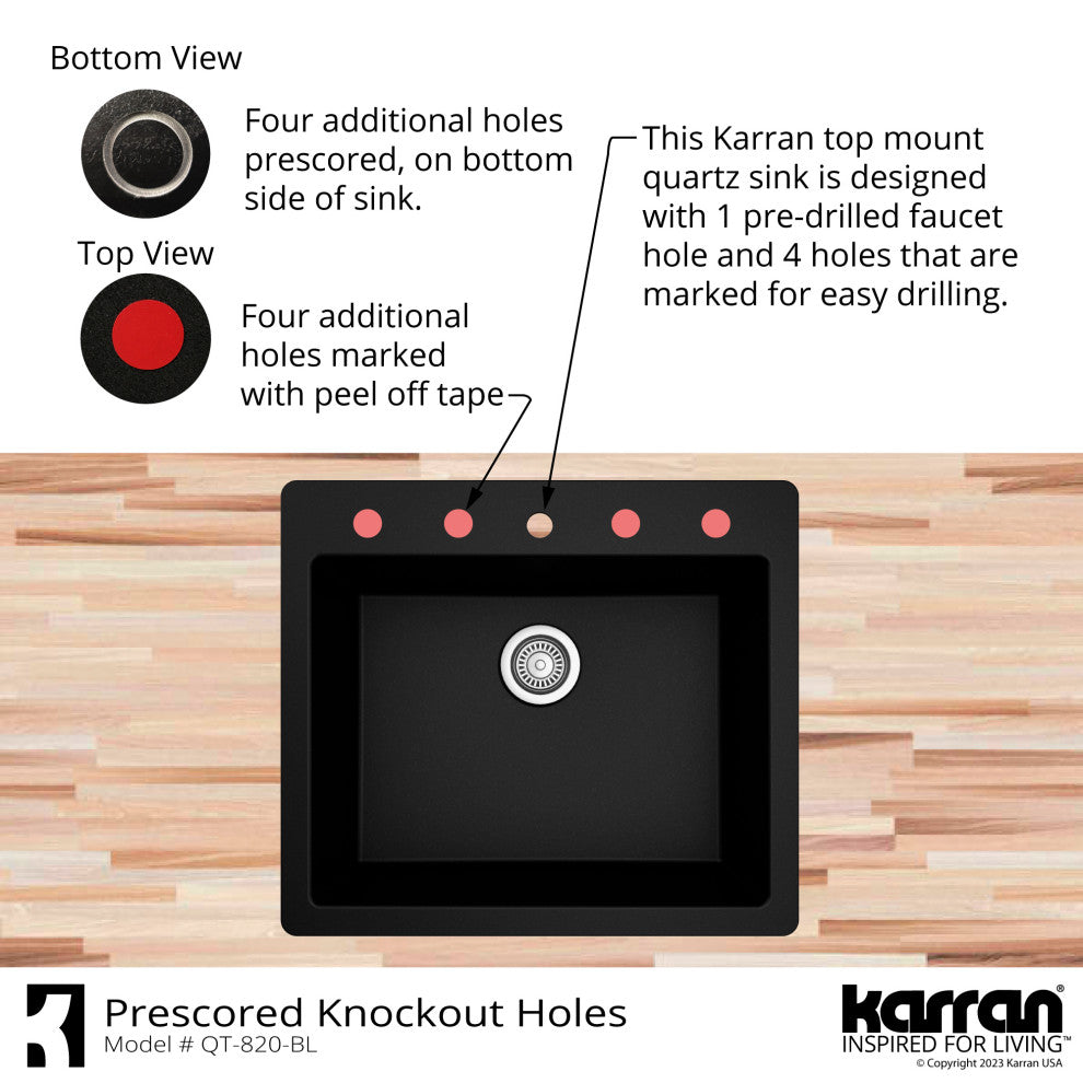 Karran QT-820 Top Mount 25" Single Bowl Quartz Kitchen Sink Kit, Bisque