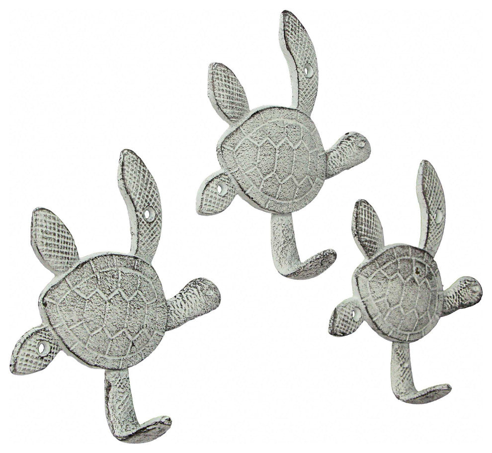 6 Inch Cast Iron Antique White Sea Turtle Wall Hook Towel Hanger Hat Rack Set/3