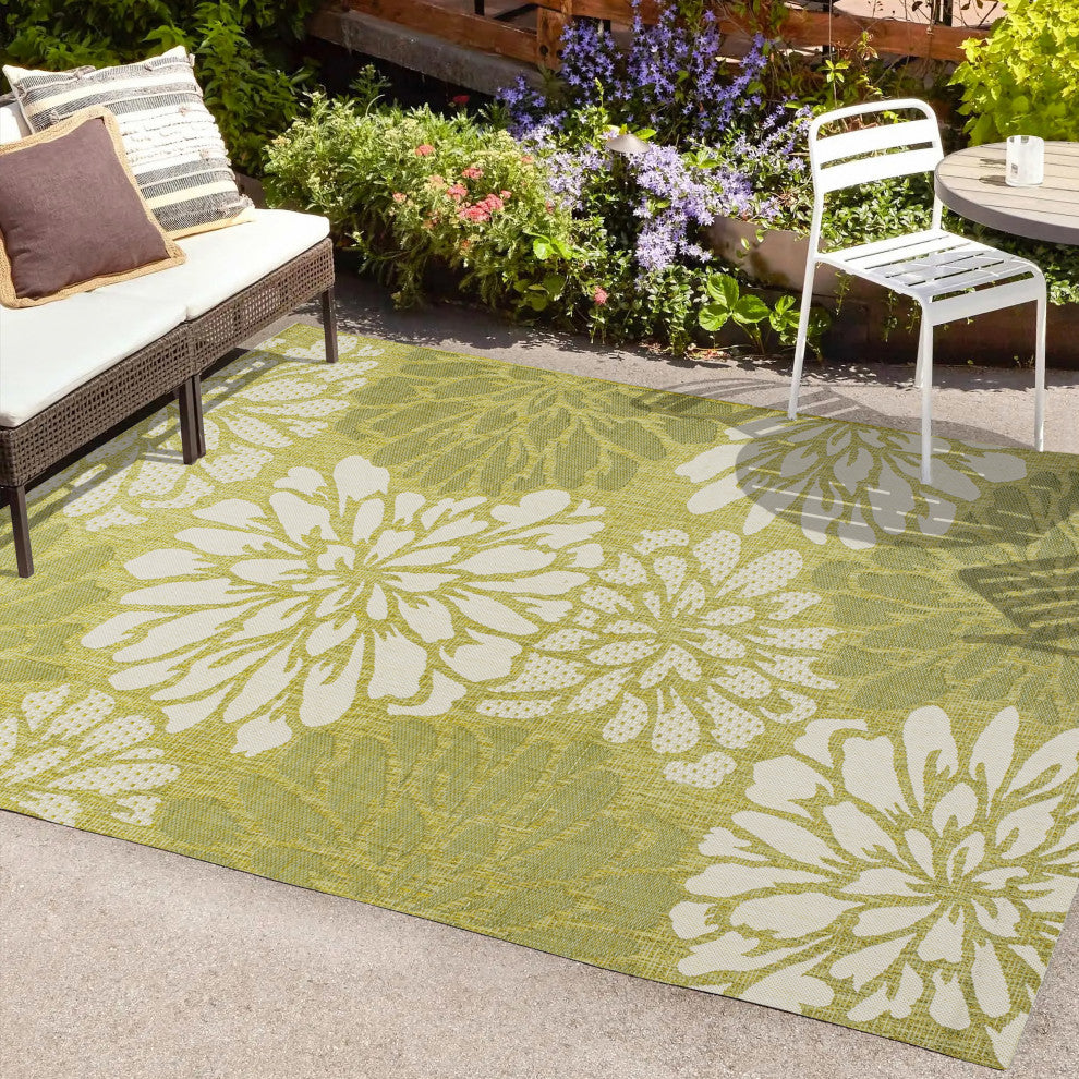 Zinnia Modern Floral Textured Weave Indoor/Outdoor, Green/Cream, 5x8