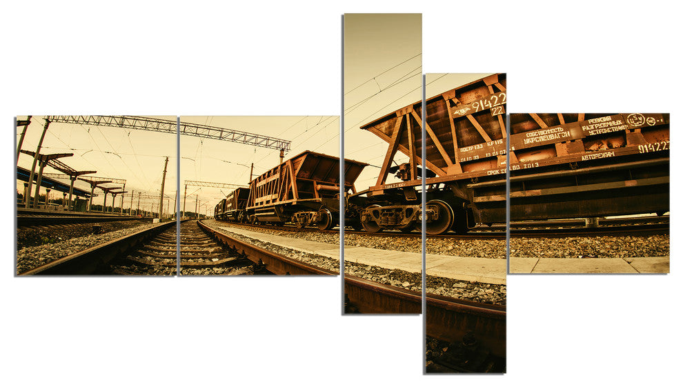 Railway Tracks in Ukraine, Landscape Photo Canvas Art Print, 60"x32", 5 panels