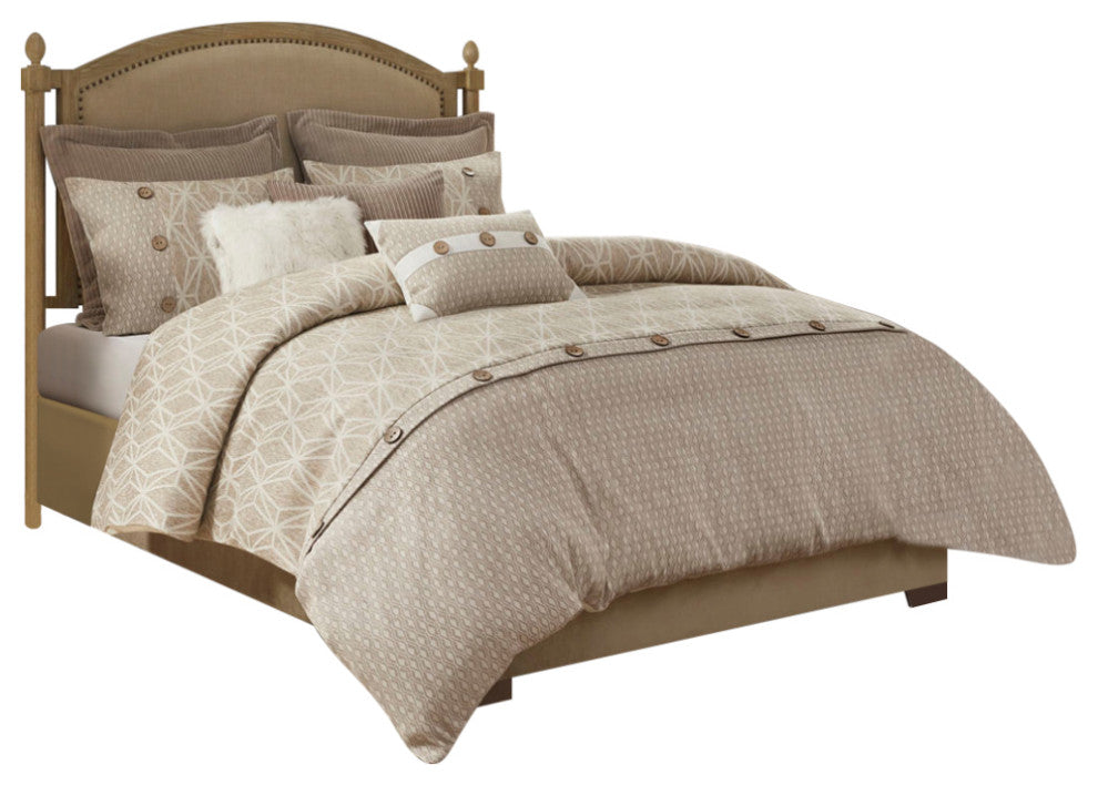 Madison Park Signature Grace Button Accent Taupe Duvet Cover Set w Insert, Queen