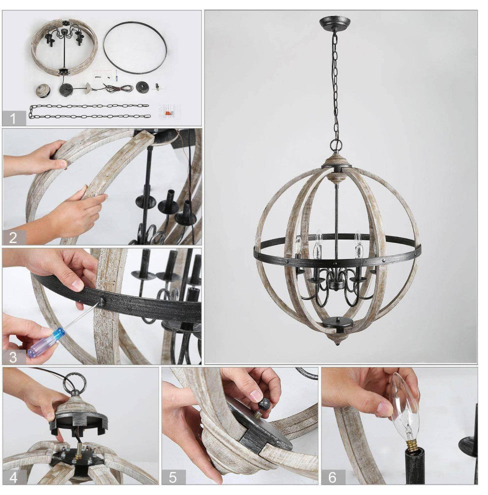 LALUZ 27-in 6-Light Distressed Gray Wood Globe Farmhouse Chandelier