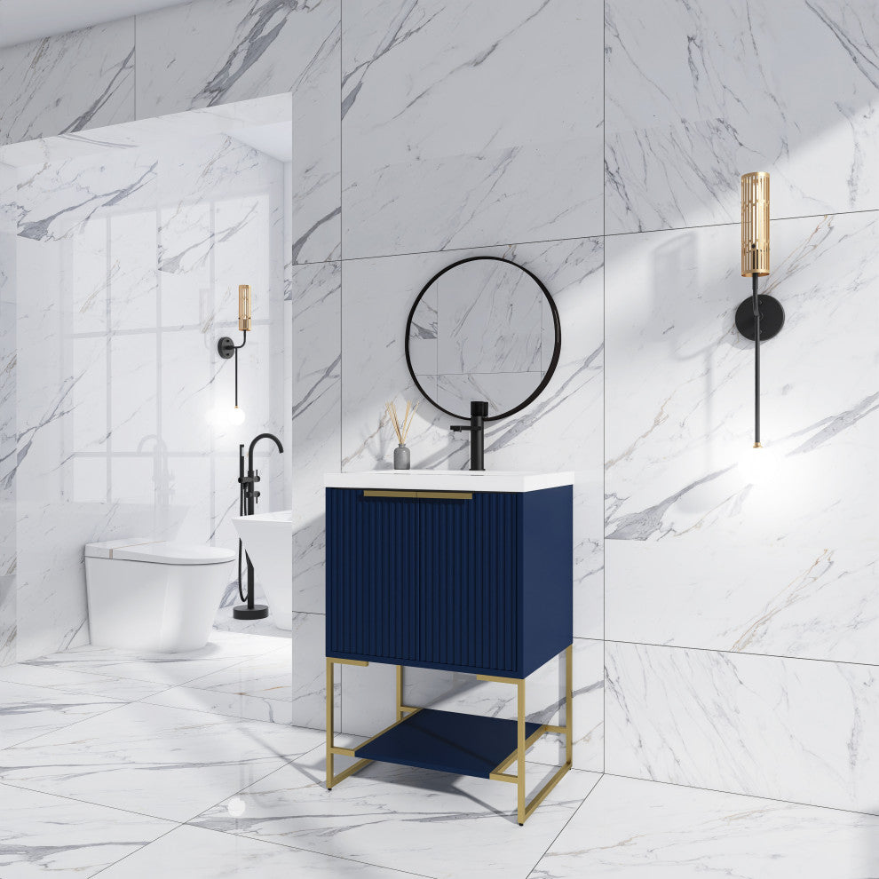 Plywood Freestanding Bathroom Vanity Set with White Ceramic Sink , Navy Blue, 24