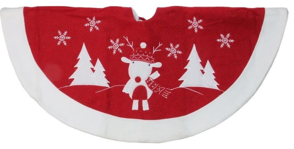 46" Red and White Winter Reindeer Embroidered Christmas Tree Skirt