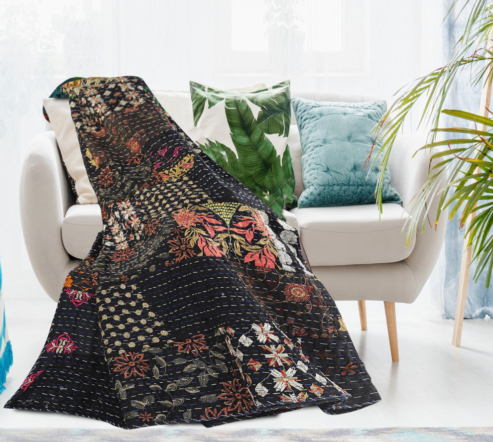 Dark Night Kantha Throw Blanket