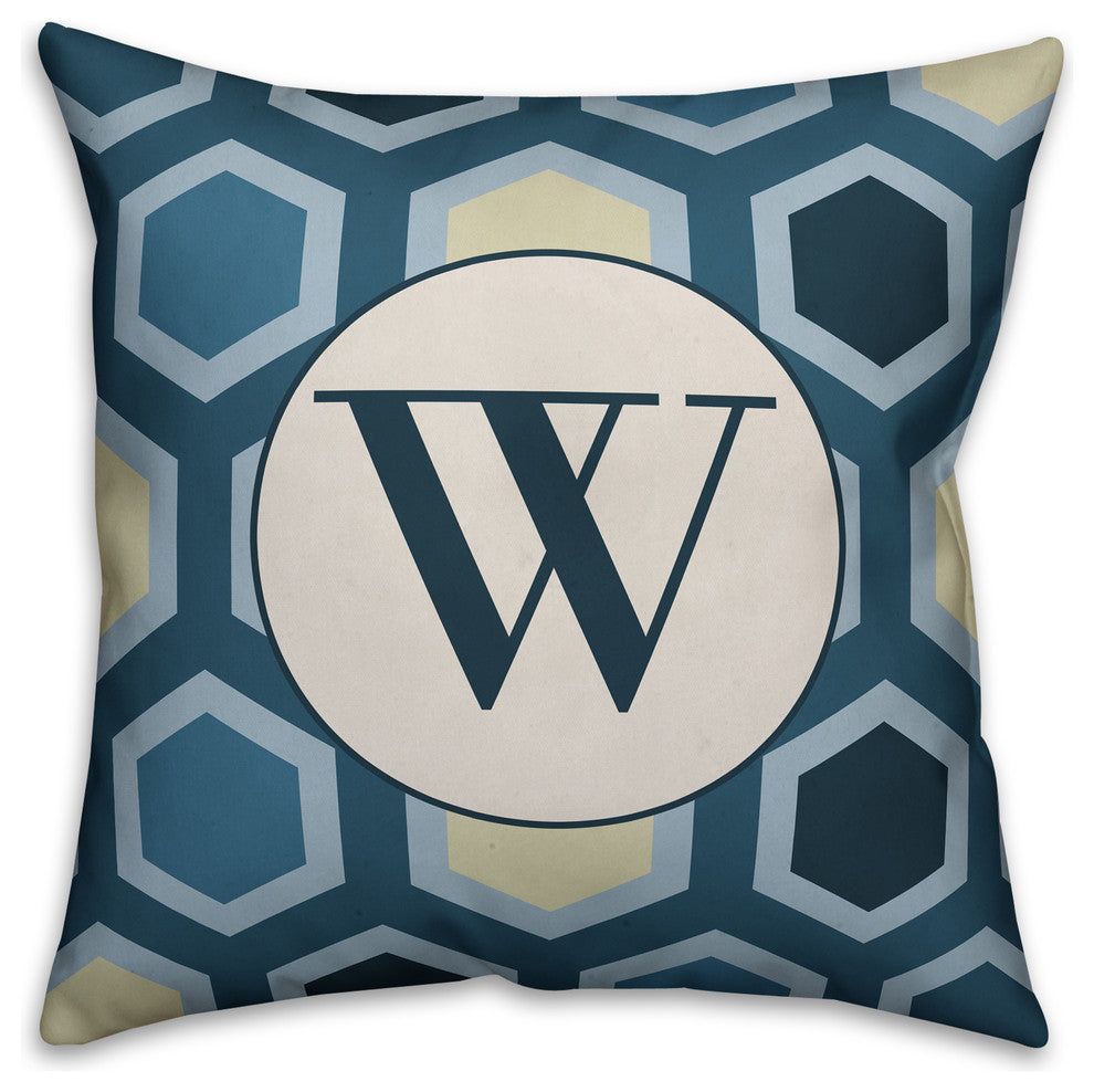 W Blue Hexagon Monogram Spun Poly Pillow, 18x18