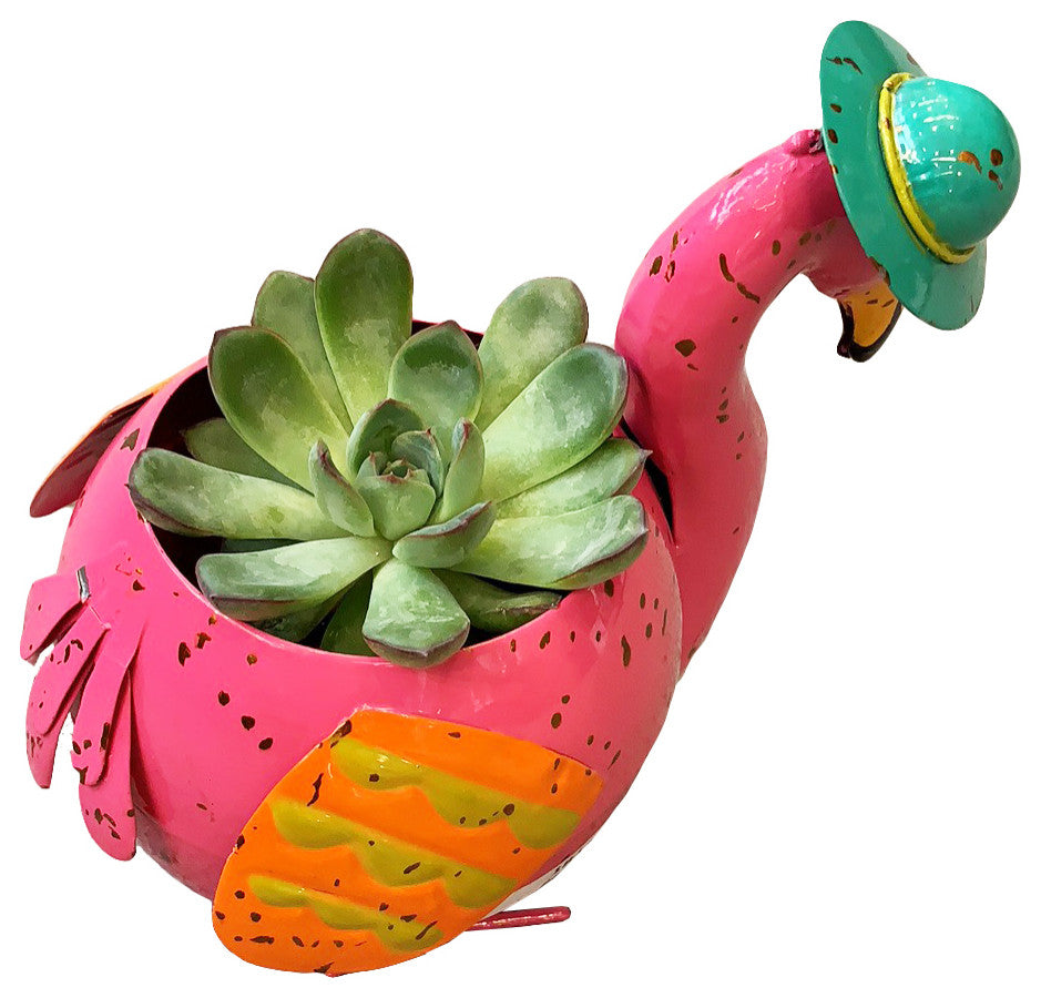 Metal Mini Flamingo Planter Garden Flower Pot Indoor Pen Holder Outdoor Yard Art