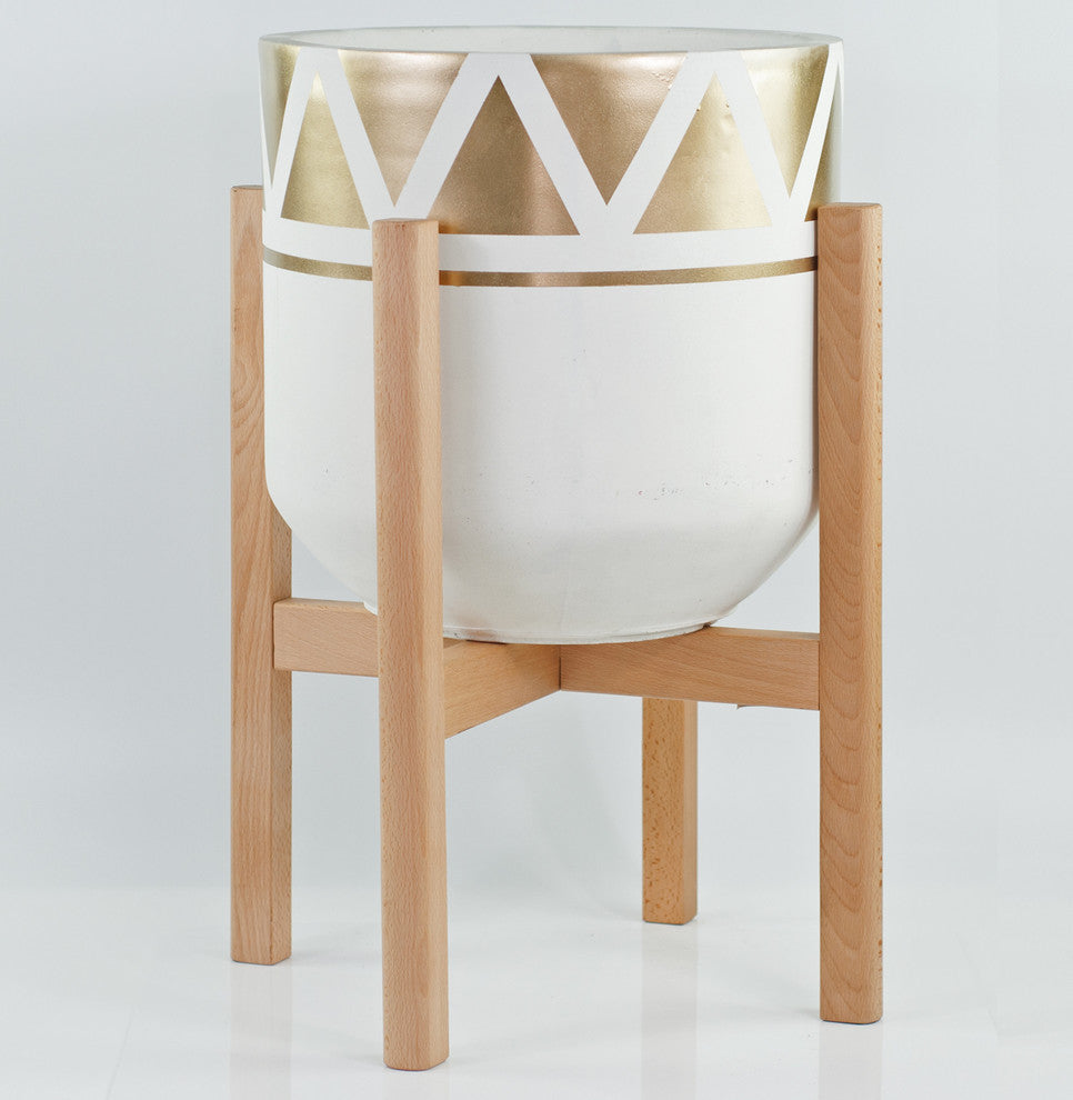 Extra Large Hand Paint Fiber Clay Pot 16'' With Wood Plant Stand Natural Color