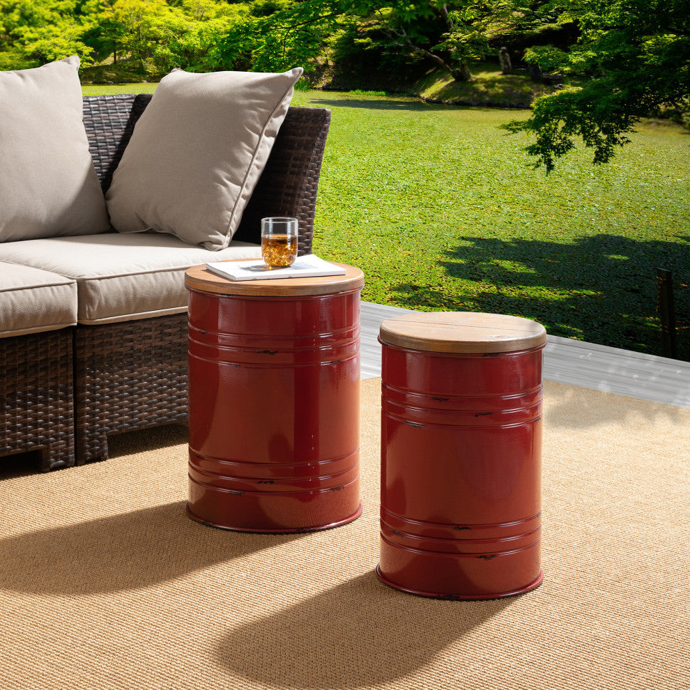 Farmhouse Metal With Solid Wood Seat Storage Stool, Set of 2, Red