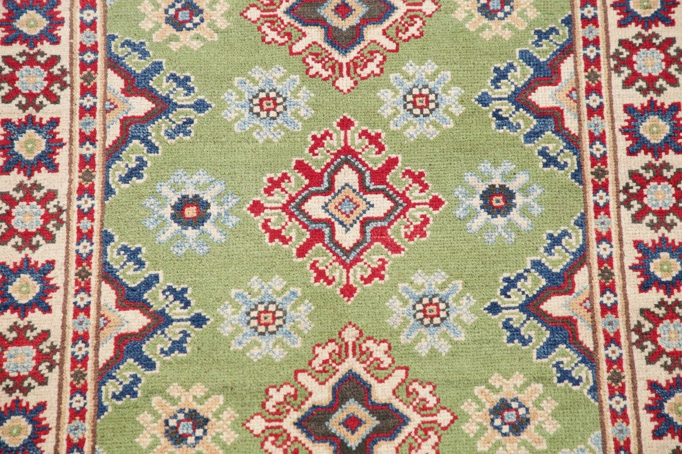 Hand-Knotted Pakistani Kazak Traditional Oriental Area Rug, Green, 4'1"X2'8"