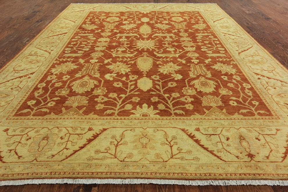 Orange Oushak Chobi Hand-Knotted Wool Rug, 9'x12'