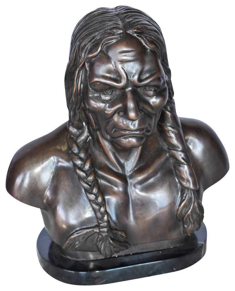 Bust Of Native American Indian Brave Bronze State Size: 12" x 7" x 14"H