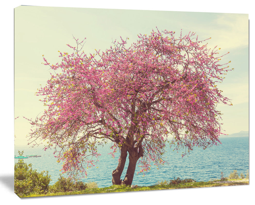 Pink Flowers on Lonely Tree, Landscape Canvas Art Print, 40"x30"