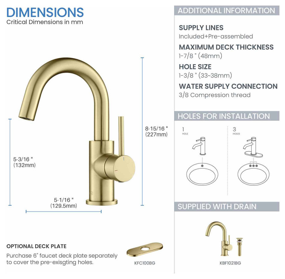 Circular Single Handle High-arc Bathroom Sink Faucet With Drain, Brushed Gold