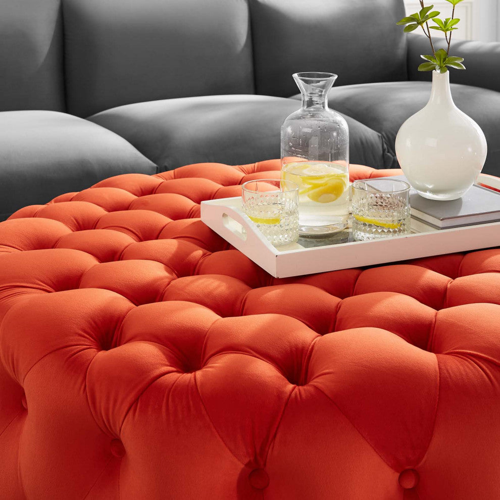 Round Ottoman Accent Tufted Chair, Orange, Velvet, Modern, Lounge Hospitality
