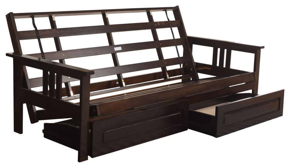 Caleb Frame Futon With Espresso Finish, Storage Drawers, Suede Tan