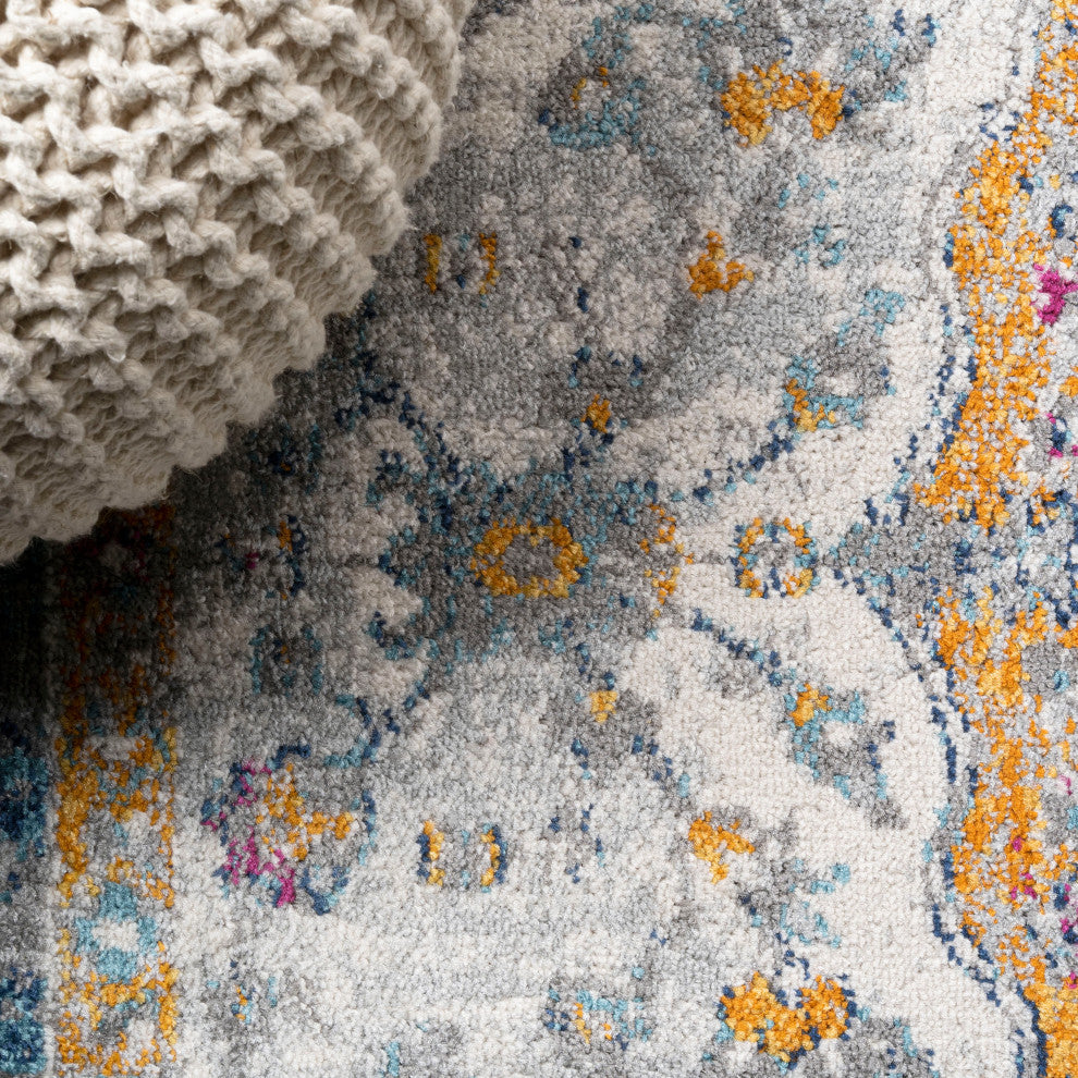 Lorena Ornate Boho Medallion Light Gray/Dark Blue/Orange 4'x6' Area Rug