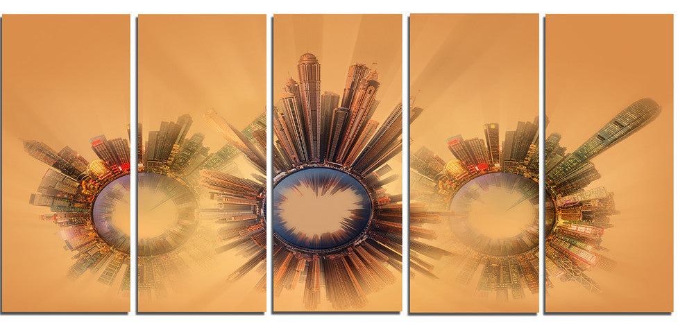 "Miniature Earth Planets With Skyscrapers" Abstract Wall Art, 60"x28", 5-Panels