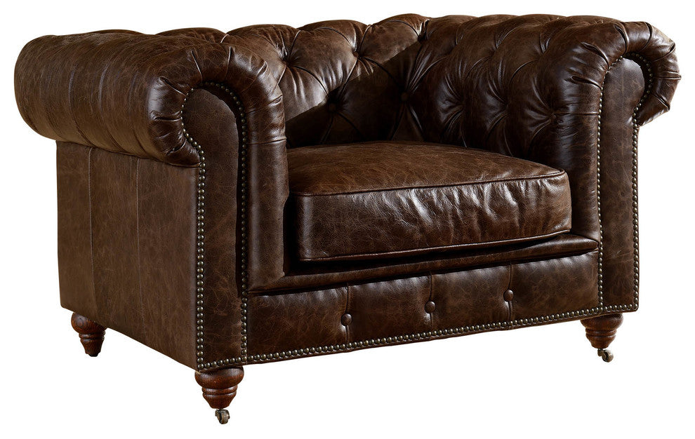 Leather Chesterfield Arm Chair, Dark Brown