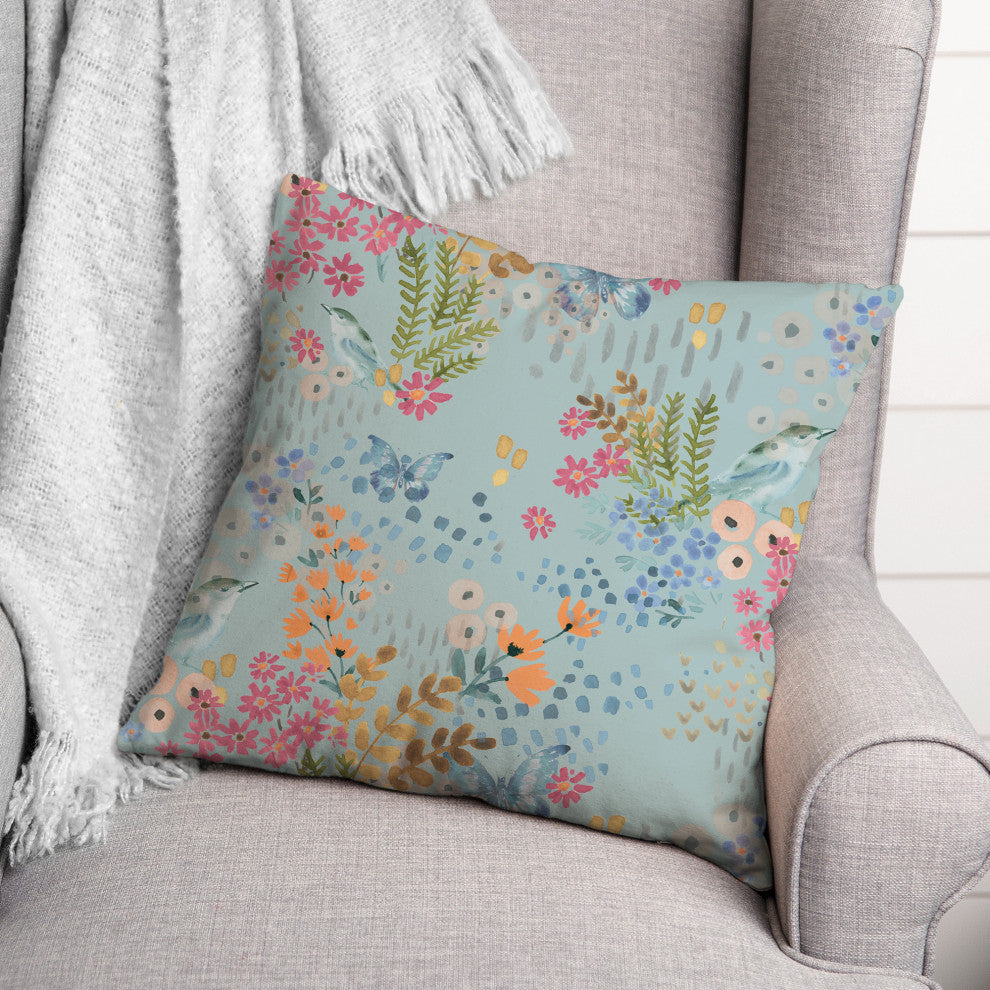 Butterfly Bird Floral on Blue 18x18 Spun Poly Pillow