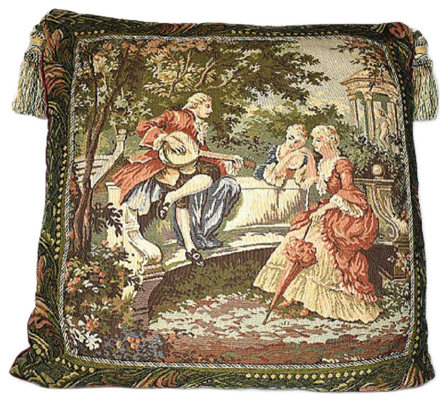 Large Mediterranean Tapestry Pillow With Tassels and Feather Insert, Burgundy, 26x26