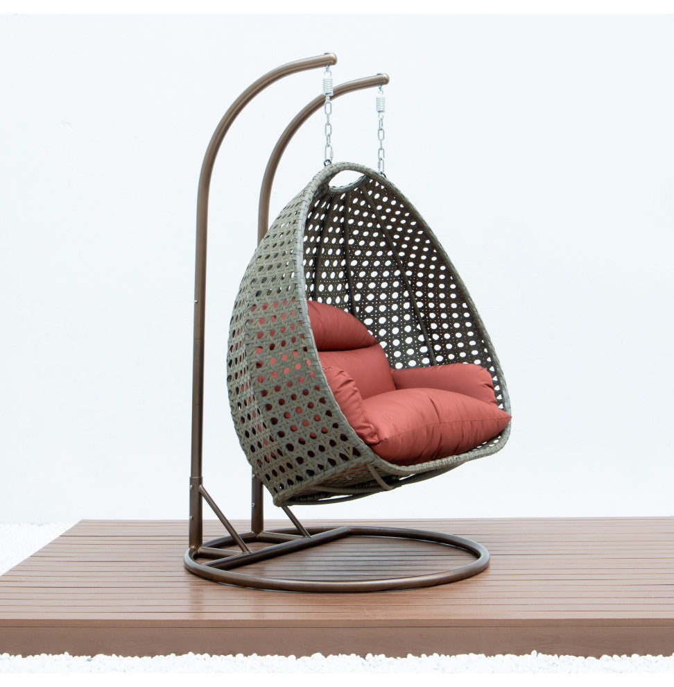 2 Person Beige Wicker Double Hanging Egg Swing Chair, Dark Orange