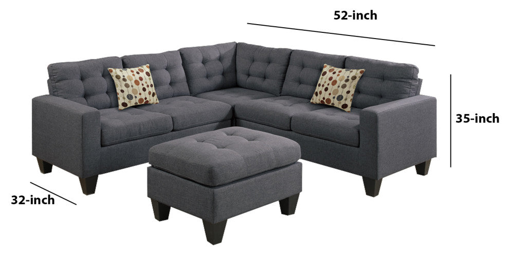 Benzara BM168743 4 Pieces Sectional With Cocktail Ottoman and Pillows, Gray