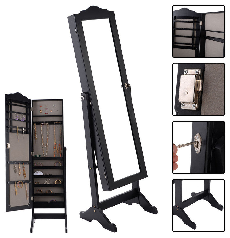 Costway Lockable Mirrored Jewelry Cabinet Mirror Organizer Storage Box w/ Stand